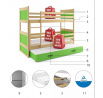 Dětská patrová postel RICO 3 s přistýlkou 90x200 cm, bez matrace, Přírodní/Zelená