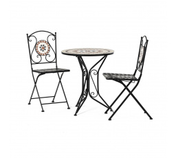 Zahradní set, stůl + 2 židle, s keramickou mozaikou, kovová konstrukce, černý matný lak.